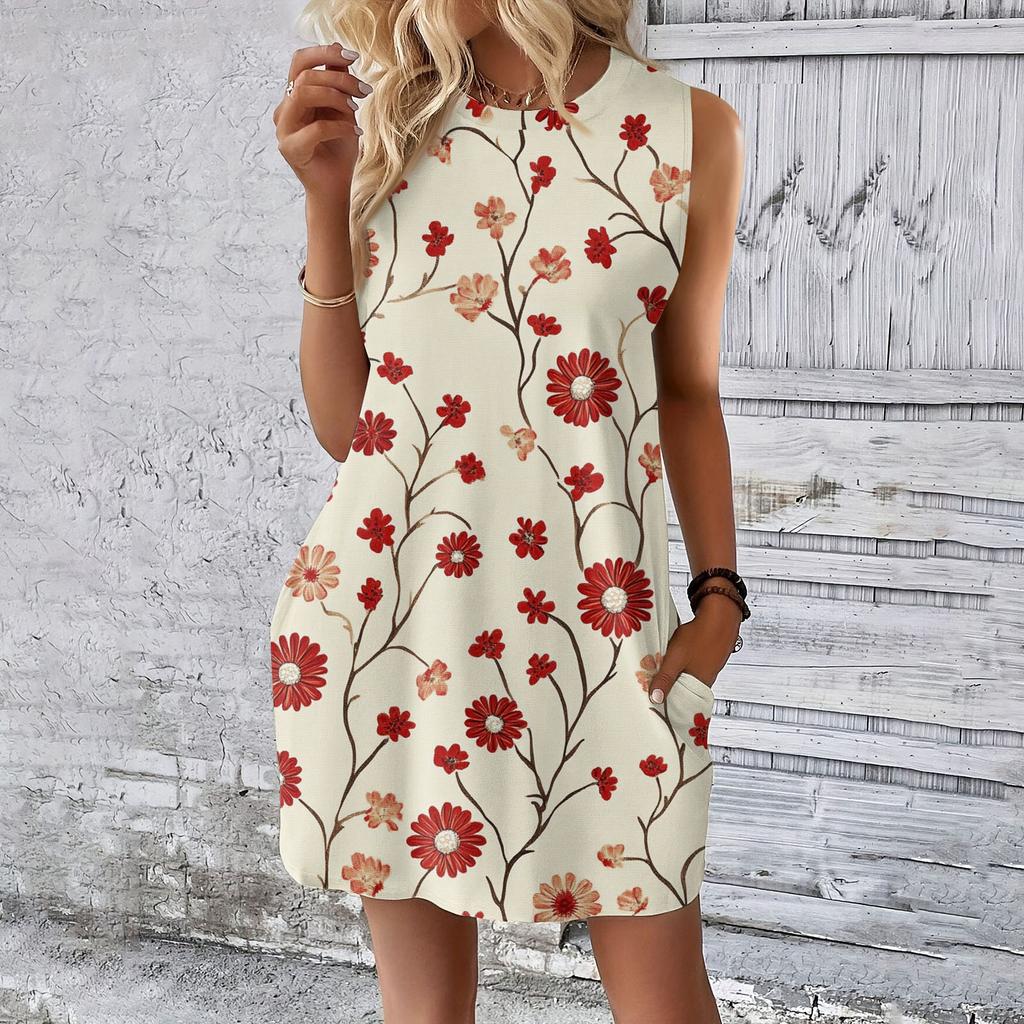 Women's Casual And Fashionable Round-neck Sleeveless Printing Mid Length Dress