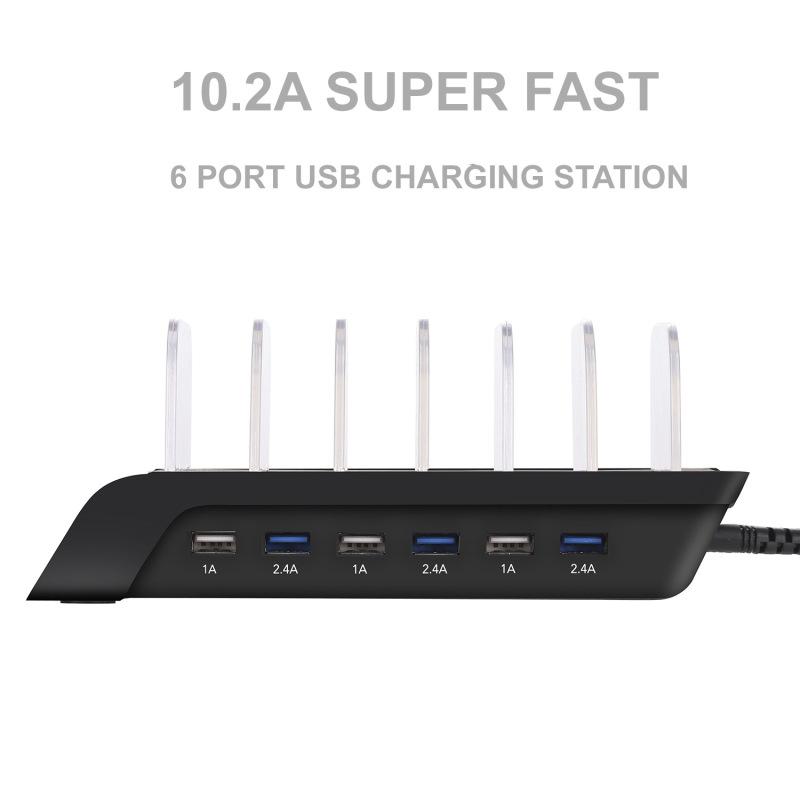 Зарядная станция USB, 6-портовая универсальная настольная док-станция со съемными перегородками, подставка-органайзер