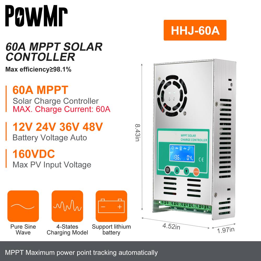 MPPT контроллер заряда солнечных батарей PowMr 60A, с функцией разряда, подсветкой, 12В 24В 36В 48В, автоматический, для вентилируемых, герметичных, гелевых, NiCd, Li солнечных элементов и панелей