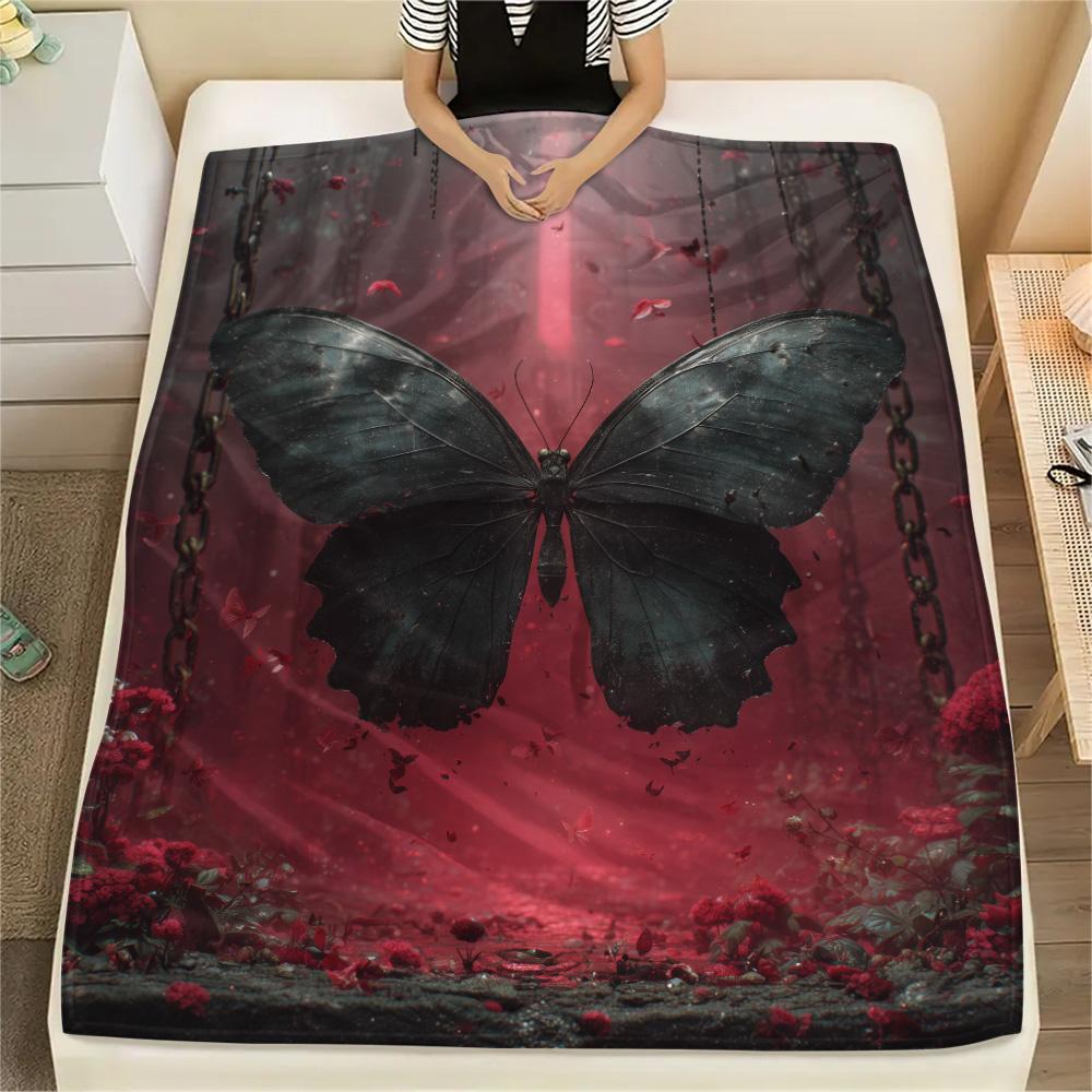 Iron Chain Butterfly Print Flannel Blanket, High quality Comfortable for All Seasons, Home Decor, Warmth and Comfort