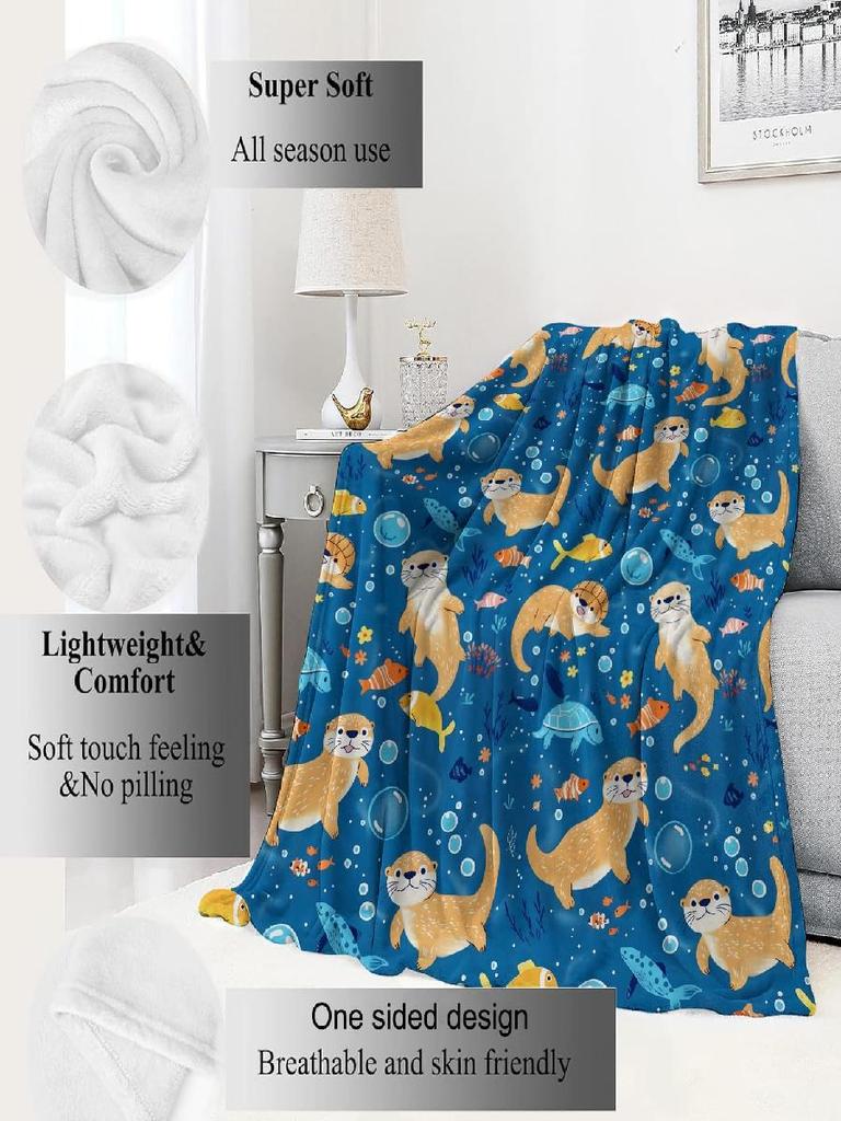 Cute Otter Throw Blanket Soft Fleece Lightweight Cozy Blanket for Bed Sofa Perfect Birthday Gift for Kids Women Marine Lovers O