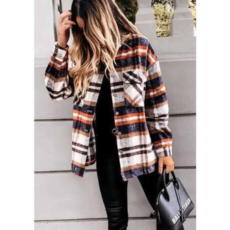 Осенняя женская клетчатая рубашка с длинным рукавом и большим карманом, свободного кроя, куртка средней длины