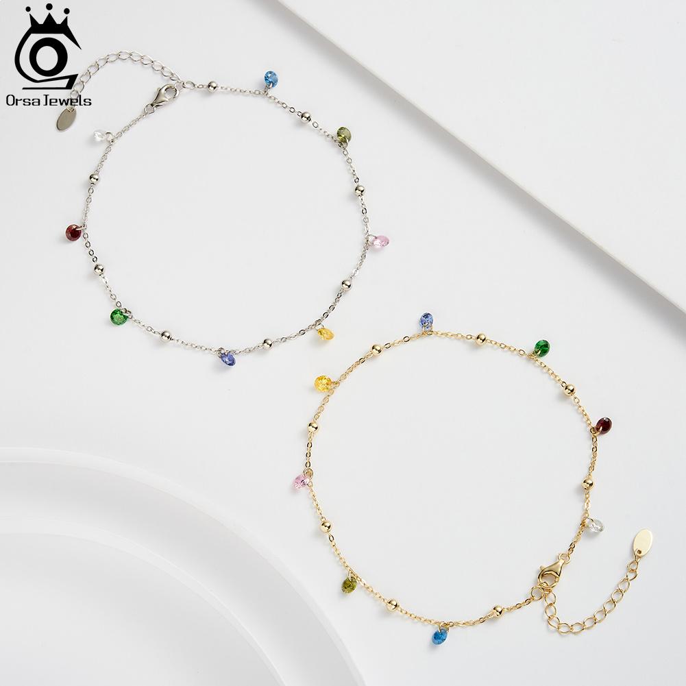 ORSA JEWELS Новый летний пляжный браслет на щиколотку Модный 925 пробы Серебряная кабельная цепочка Разноцветный 4A Цирконий Браслет на щиколотку для женщин ювелирное изделие SA93