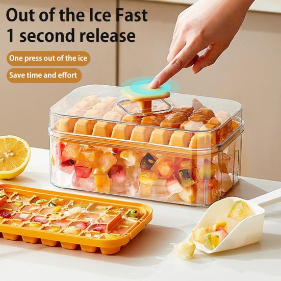 Форма для льда с лопаткой и контейнером, штабелируемая форма для льда для морозильника, легкосъемное силиконовое дно, дизайн с нажатием в одно касание, льдогенератор для напитков, кофе, коктейлей