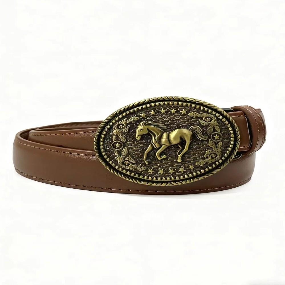 Retro PU Leather Belt Luxury Design Embossed Horse Buckle Belt Jeans Pants Belt For Women Man