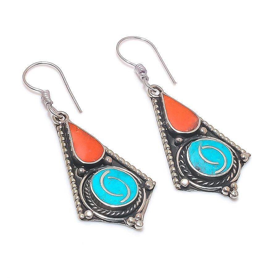 Turquoise Red Coral Gemstone Earrings Tibetan Tribal Nepali Jewelry 2.2" NE 5146