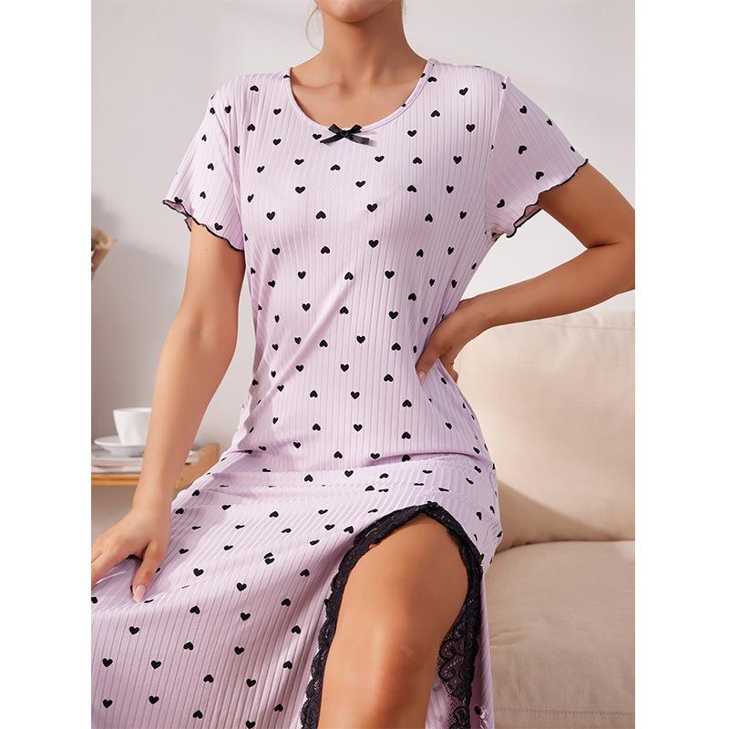 Summer Pink Lace Patchwork Heart Print Long Sleepdress Homewear Women Casual Slim Nightgown Ladies Nightdress Woman Loungewear