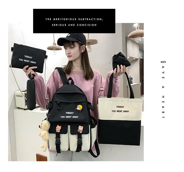 Korean Style Five-Piece School Backpack Set for Girls – Fashionable Color-Match Design