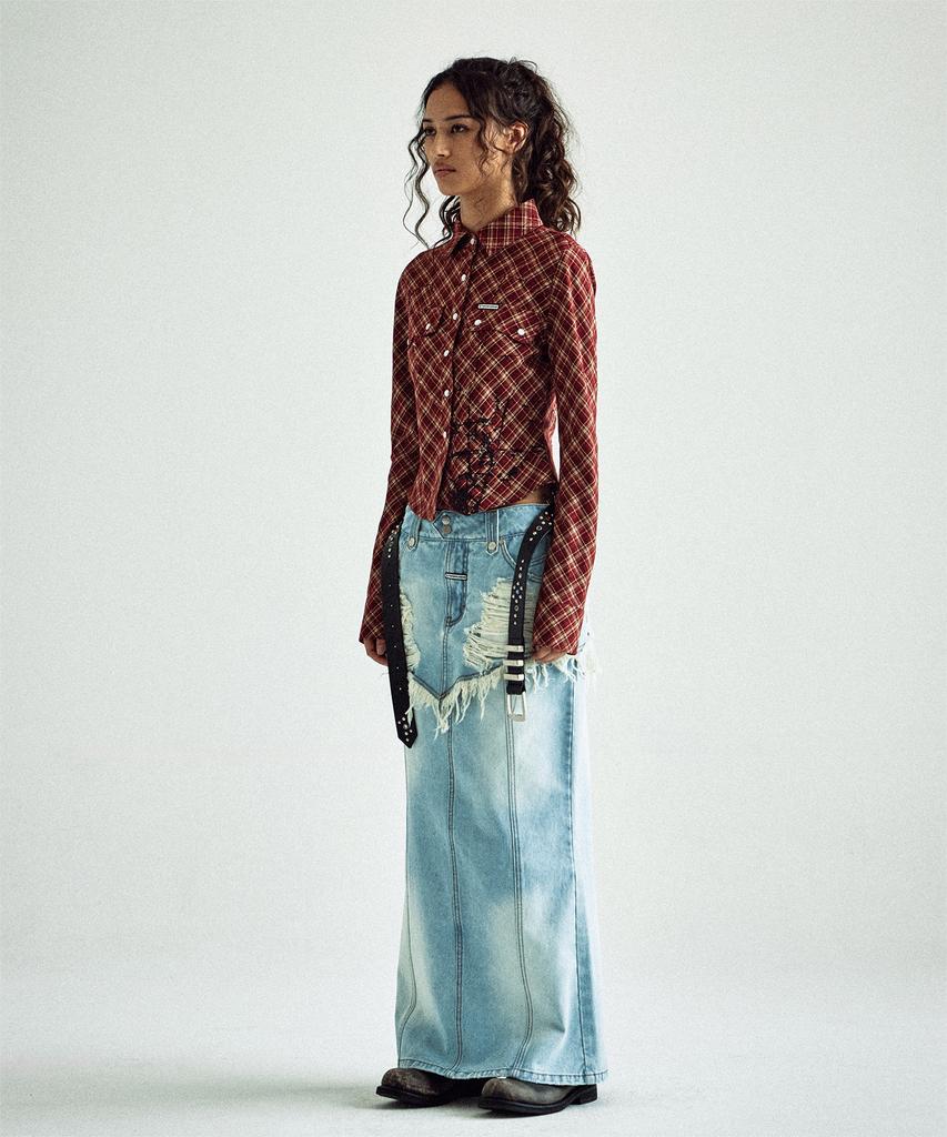 THEVINYLHOUSE Разрушенная Джинсовая Юбка Double Denim Светло-Синяя