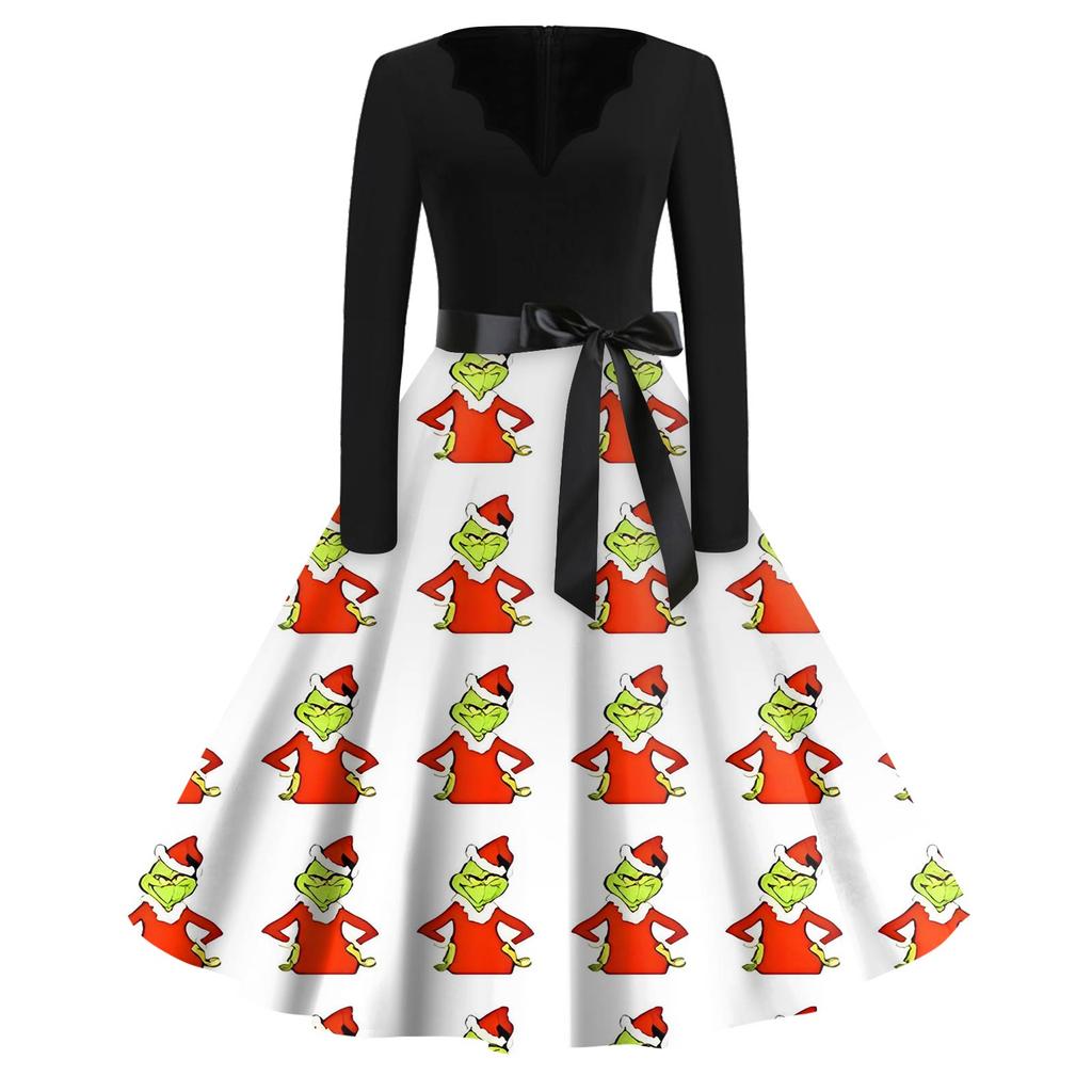 Women's Fashion V-neck Casual Slim-fit Christmas Print Long-sleeved Dress
