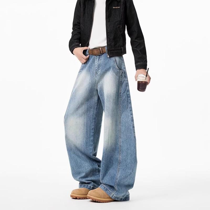 Vintage Washed Denim Jeans Loose Straight Leg Pants Men Teens Casual Streetwear