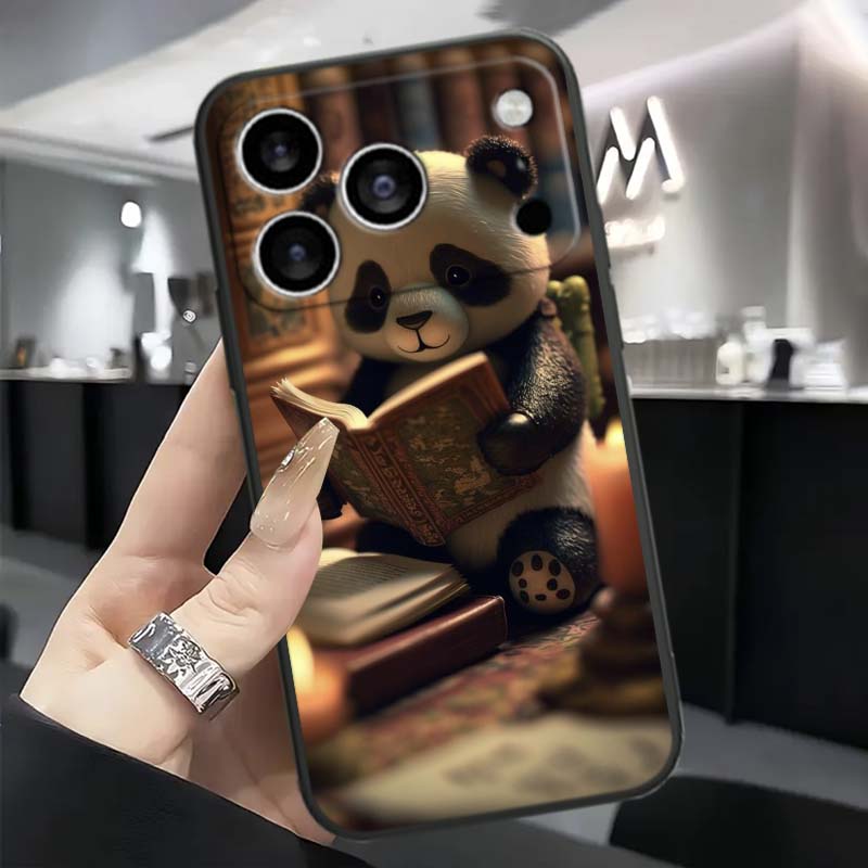 Мультяшный Аниме Панда Милый Для Apple iPhone 17 16 16E 15 14 13 12 11 Pro Max Plus Черный Мягкий Силиконовый Чехол для Телефона