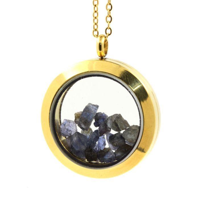 Stones and Minerals. Raw Sapphire Necklace. 20 Mm Medallion Model. Gold Color.