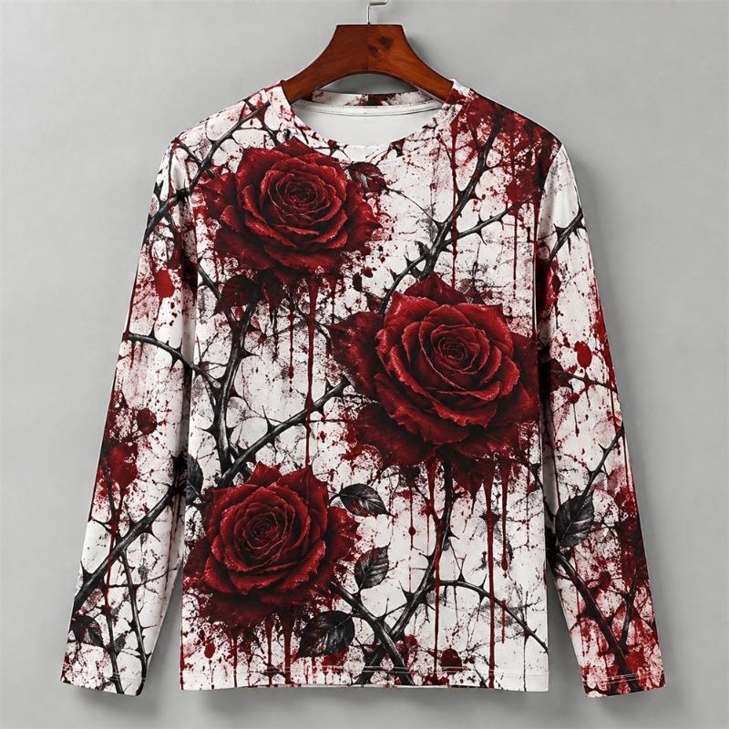 3D Print Horror Red Blood Stains Pattern Halloween Long Sleeve T Shirt For Men Vintage Halloween Party Personality OOTD Tee Top