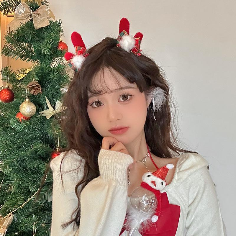 Red Antler Pompon Hair Clip: Sweet Christmas Bow Headband for Women