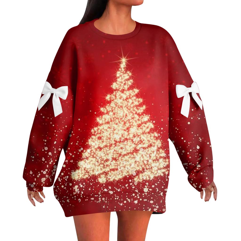 Женский рождественский пуловер с принтом и бантом, с круглым вырезом, длинными рукавами, свободного кроя