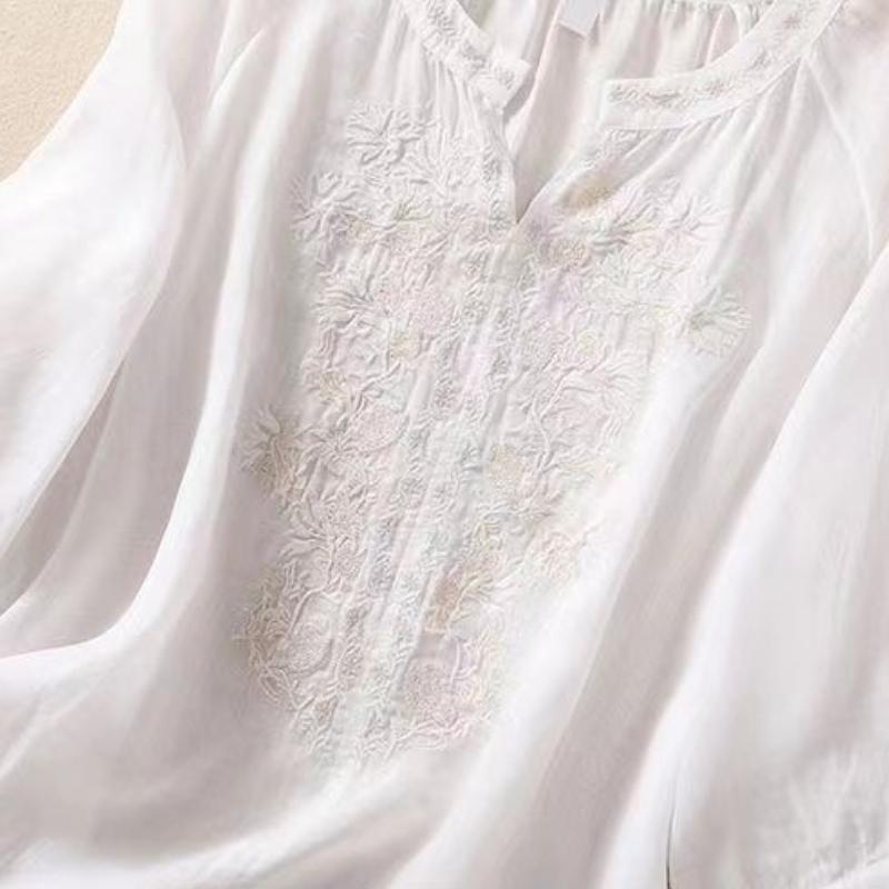 Новая футболка однотонная литературная ретро вышивка свободная с V-образным вырезом пуловер топ