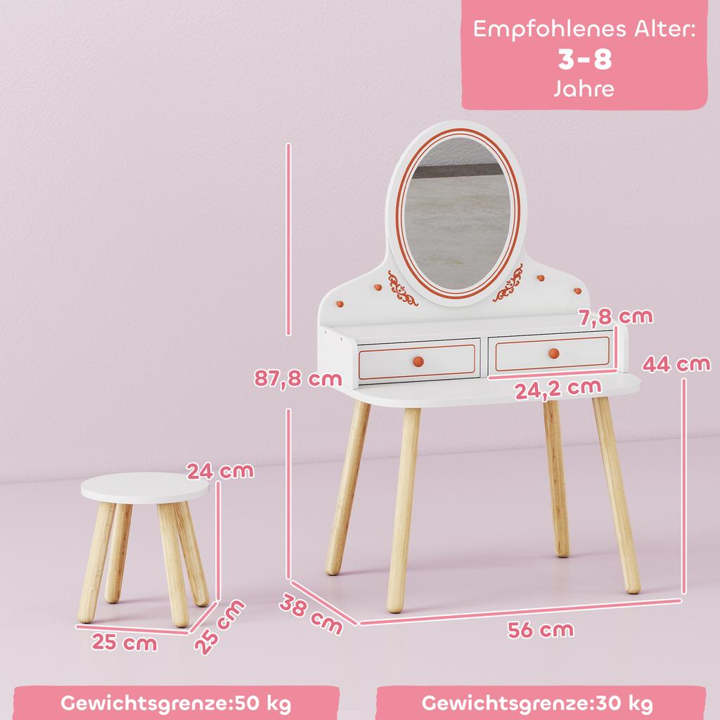 Children's dressing table set with stool, mirror, drawers, clothes rails for ages 3-8, 56 x 38 x 87.8 cm, white