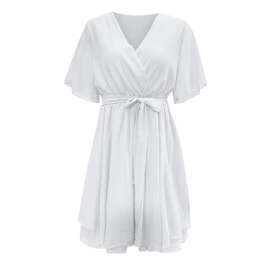 Женское платье с V-образным вырезом, летнее, с перекрестными бретелями, оборками по подолу, шифоновое, повседневное, пляжное платье
