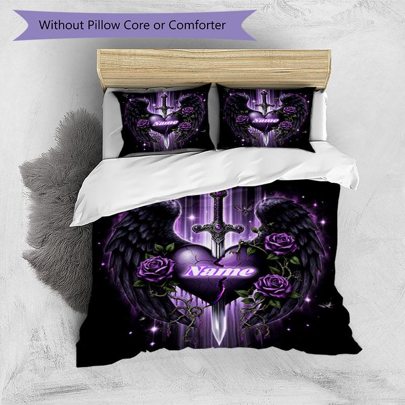3pcs Custom Name Heart Wings Roses Bedding Set Printed Bedding Set Duvet Cover Closure Includes 1 Duvet Cover & 2 Pillowcases Bedroom Decor