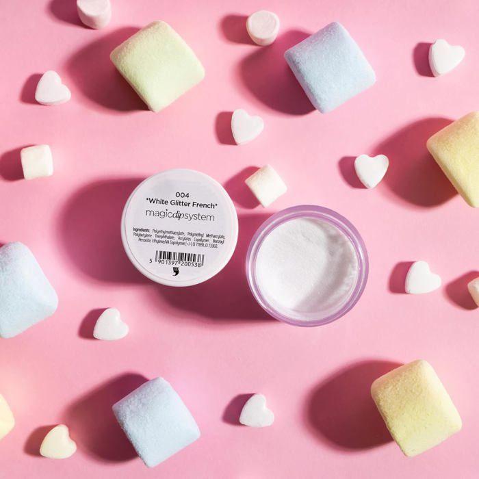 Kabos Magic Dip System Dipping Powder Poudre Acrylique Blanche pour Ongles 004 White Glitter French 20 g