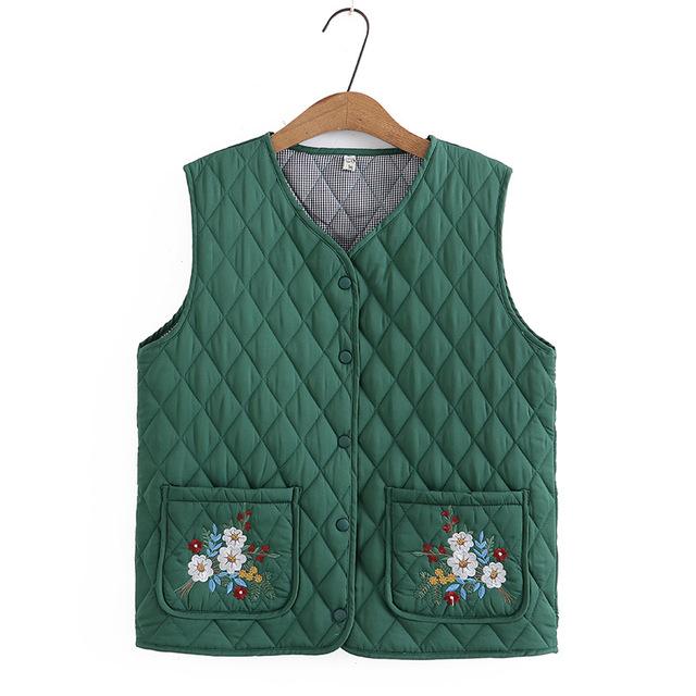 Осенне-зимняя парка больших размеров, женская одежда, куртка без рукавов среднего возраста, модный стеганый жилет с карманами и цветочной вышивкой
