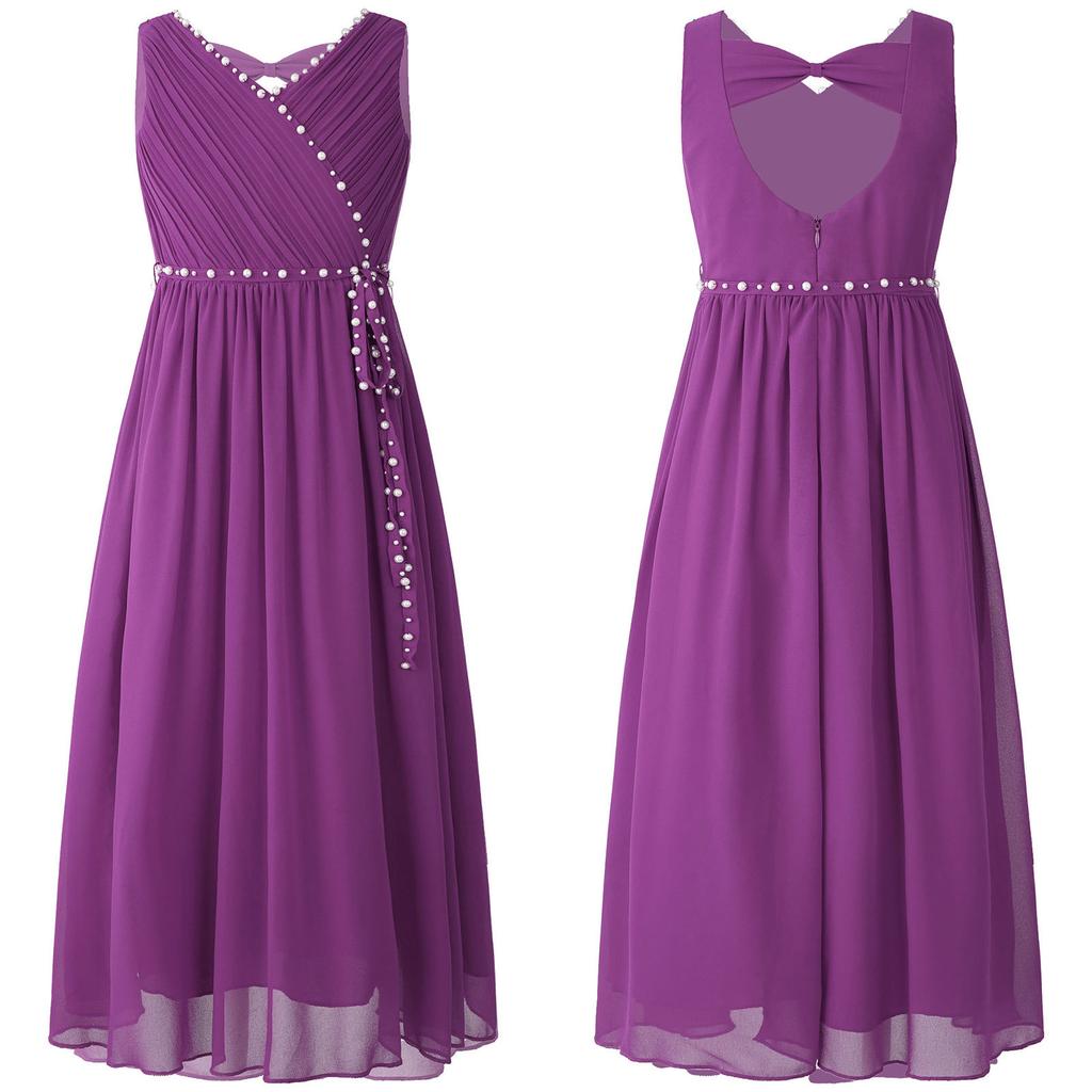 Детское шифоновое праздничное платье для девочек, платье с v-образным вырезом и рюшами, без рукавов, с бантом и вырезом, со съемным поясом