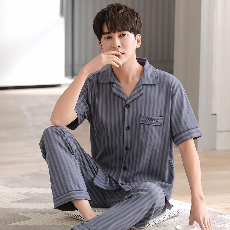 Летняя мужская пижама с коротким рукавом и длинные брюки, мужская домашняя одежда, кардиган больших размеров из хлопка для папы среднего возраста, пижама для мужчин