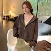 Sweater woman, autumn and winter casual versatile lazy hooded jacket loose short zipper cardigan top