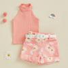 Toddler Girl Summer Outfits Solid Ribbed Halter Tank Tops + Plaid/Daisy Pattern Belted Shorts Set