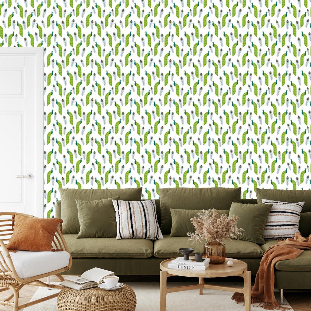 Peacock White and Lime Wallpaper for Living Room and Bedroom 50x1000
