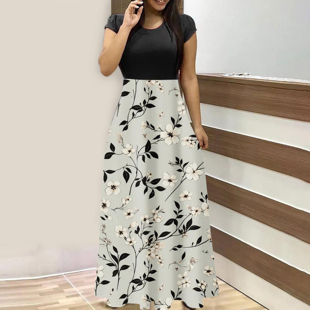 Женская мода повседневные свободные принтованные платья с круглым вырезом и коротким рукавом длинные платья с коротким рукавом длинные платья