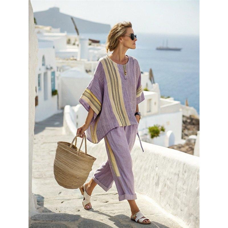 Japanese-style vertical stripe ramie bamboo fiber top for women, summer loose casual versatile V-neck shirt pants set