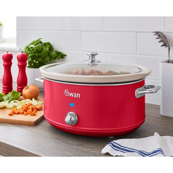 Retro Mijoteuse 6,5L Poêle Amovible en Céramique Antiadhésive, Vintage SWAN SF17031RNEU 320W Rouge