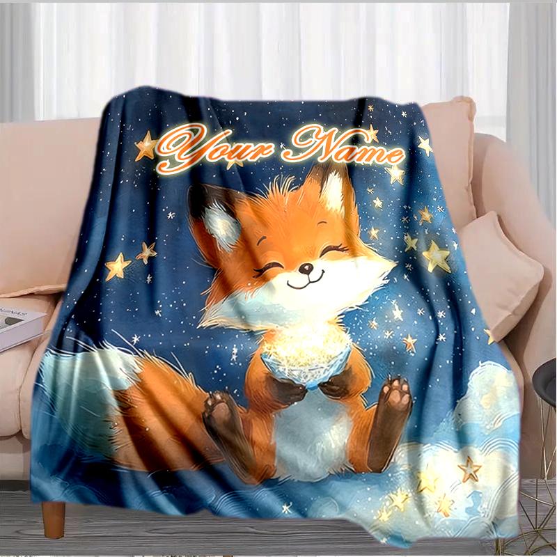 1PC Custom Name Fox Stars flannel blanket versatile,all-season throw suitable for the living room,bedroom,camping,travel,and gift