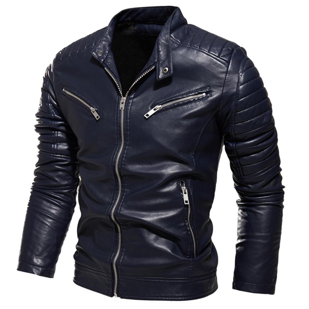 Winter Black Leather Jacket Men Fur Lined Warm Motorcycle Jacket Slim Street Fashion BLack Biker Coat Pleated Design Zipper