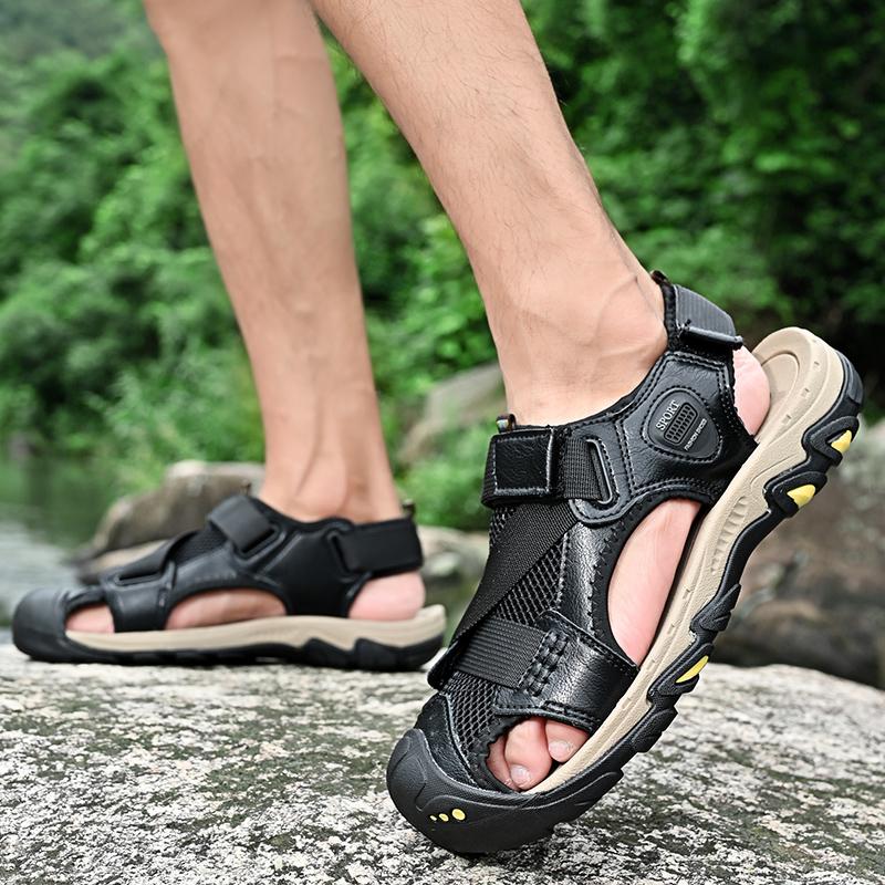 Мода 2025 Модные сандалии Мужские Кожаные Противоскользящие Дышащие Туфли с Мягкой Подошвой Для Мужчин Летние Водные Трекинговые Пляжные Шлепанцы Размер 38-46