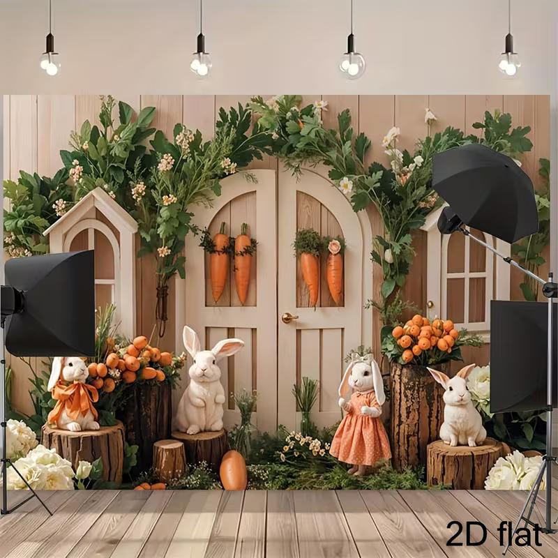 2D Spring Rabbit Backdrop - Natural Greenery Woodland Door Photography Background for Easter Events