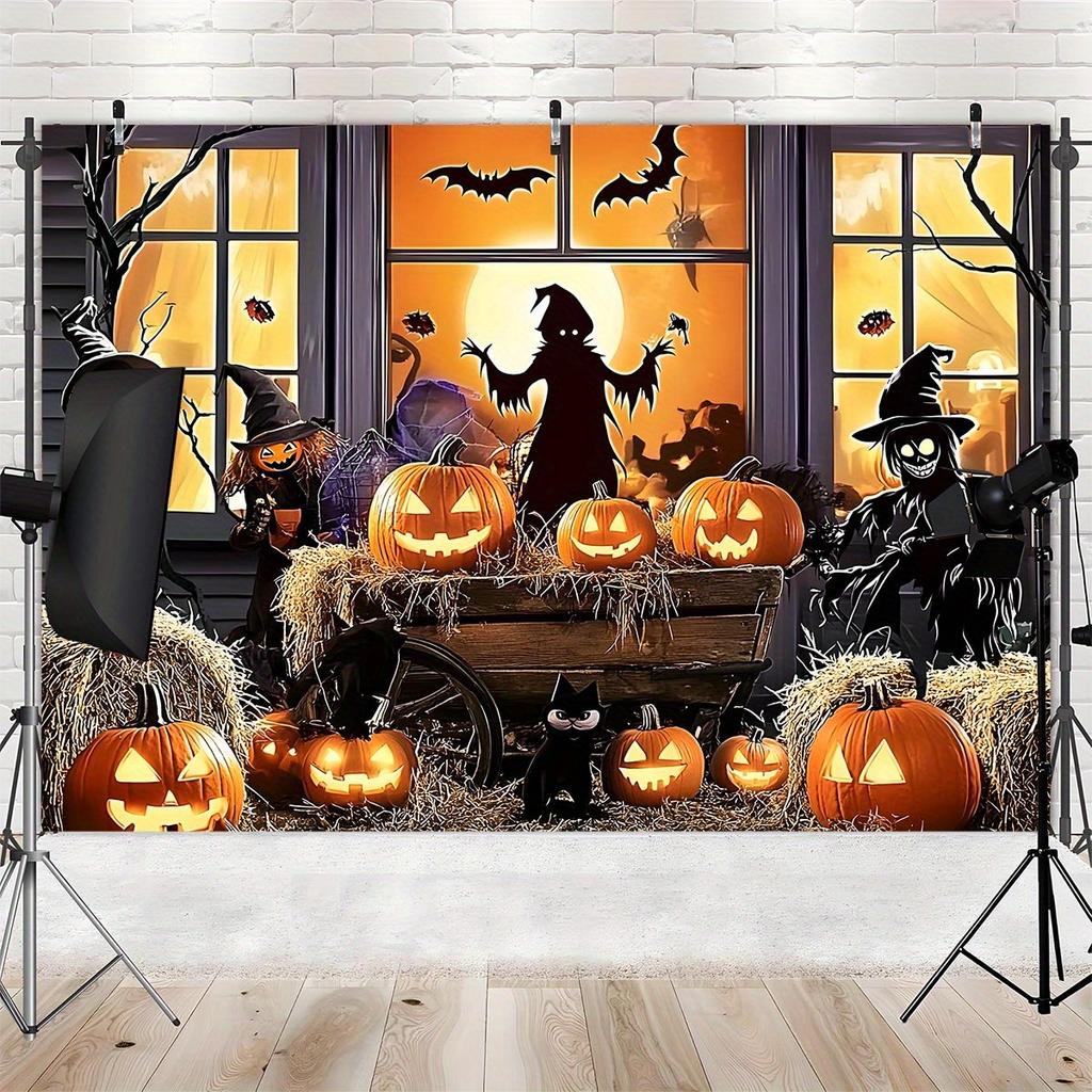 1 piece of Halloween photo background banner - Spirit witch, pumpkin and haunted house scenezyc