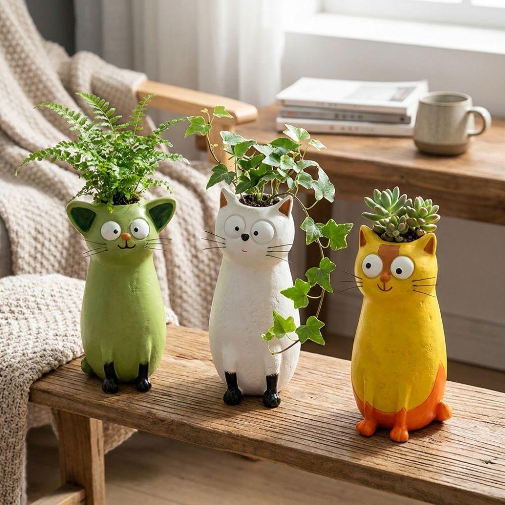 Unique Whimsical Cat Vases Aesthetic Quirky Cat Planter Cat Flower Holder Office Decor