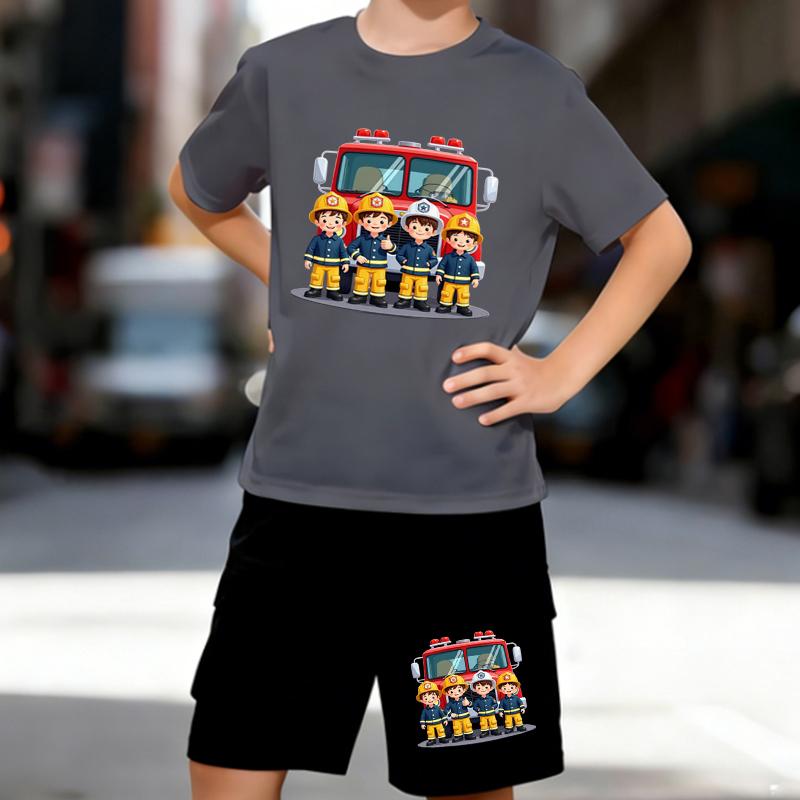 Boys 2 Piece Firefighting themed printed outfit, Short Sleeve T-Shirt and Shorts Set for Kids Age 5-14,White, Black Sporty Casual Summer Clothes