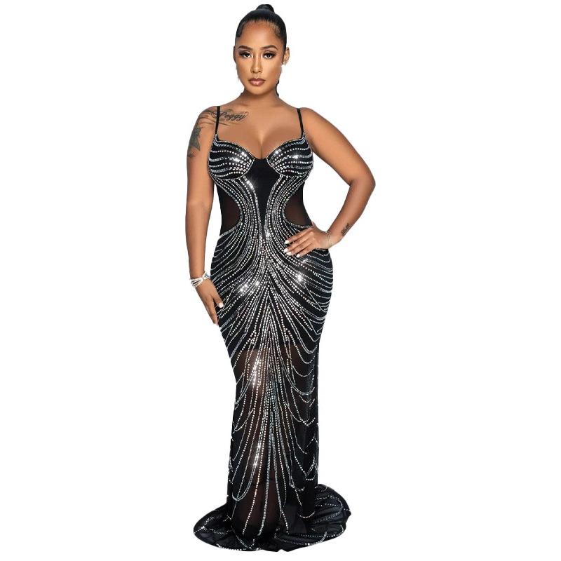 European and American style mesh yarn hot diamond suspender long dress low-cut sexy backless perspective hip skirt waist dress