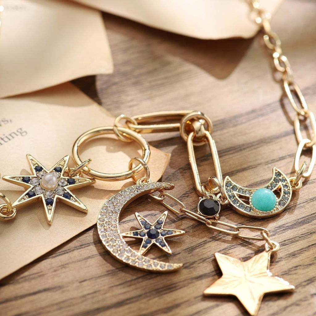 Moon Star Multi Charm Lariat Necklace Gold Paperclip Chain Y Shaped Pendant Necklace Fashion Jewelry for Women