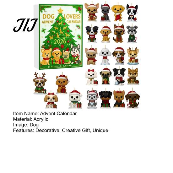 Christmas Advent Calendar Calendar, 24 Day Countdown Box with 2D Flat Acrylic Unique Holiday Dog Pendants, Tree Hanging Ornament Set for Lovers