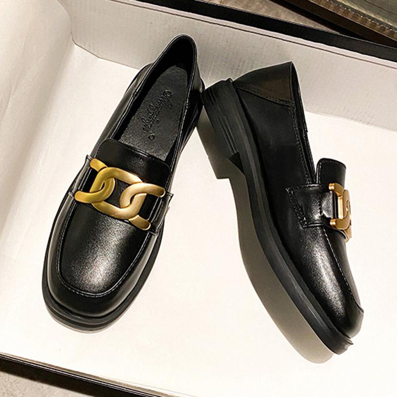 Luxury Metal Chain Oxfords Shoes Women Square Toe Loafers Black/Brown Leather Flats Mujer Mocasines Office Daily Sneakers