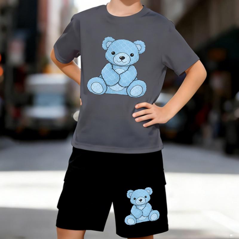 Boys 2 Piece Cute Bear Print Outfit, Short Sleeve T-Shirt and Shorts Set for Kids Age 5-14,Black and White Sporty Casual Summer Clothes