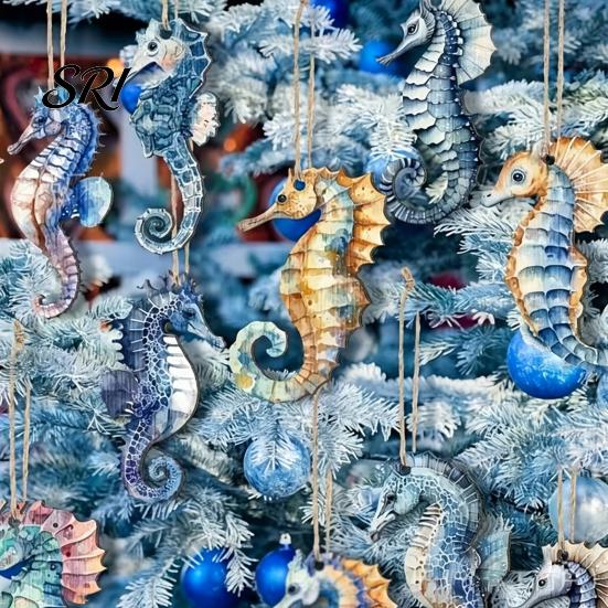 Natural Wood Seahorse 12 Pcs Ocean Ornaments 2D Wooden Nautical Coastal Hanging Lightweight Decoration with Hemp Rope for Beach Theme Home Decor