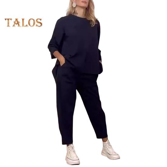 2 шт./комплект женский свитер брюки комплект круглый вырез длинный рукав топ эластичный пояс широкие спортивные штаны спортивный наряд осень повседневная одежда для поездок на работу