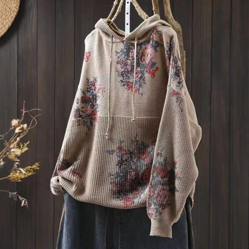 Johnature Женские винтажные вязаные свитера с капюшоном, принтованные цветочные ткани, весенние свободные мягкие свитера с длинным рукавом