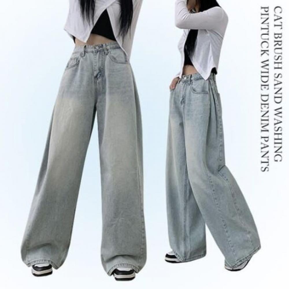 The Pink Dylan Sand Washing Pintuck Wide Denim Pants 5color
